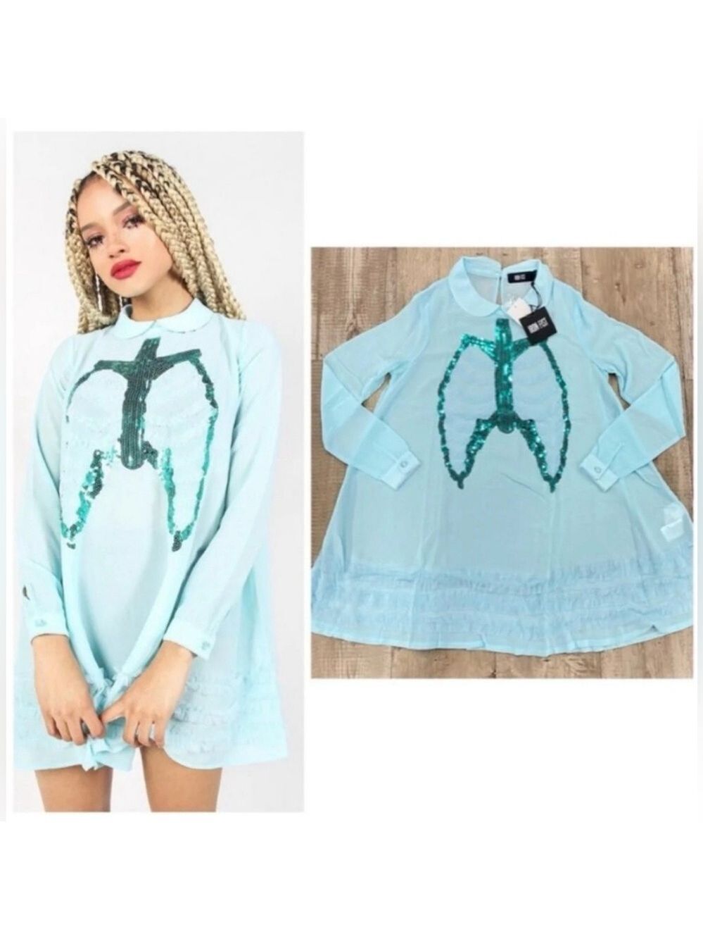Iron Fist Dead Mermaid Walking Dress Pastel Goth Blue Sequin Rib Cage Pan Collar - Picture 11 of 14